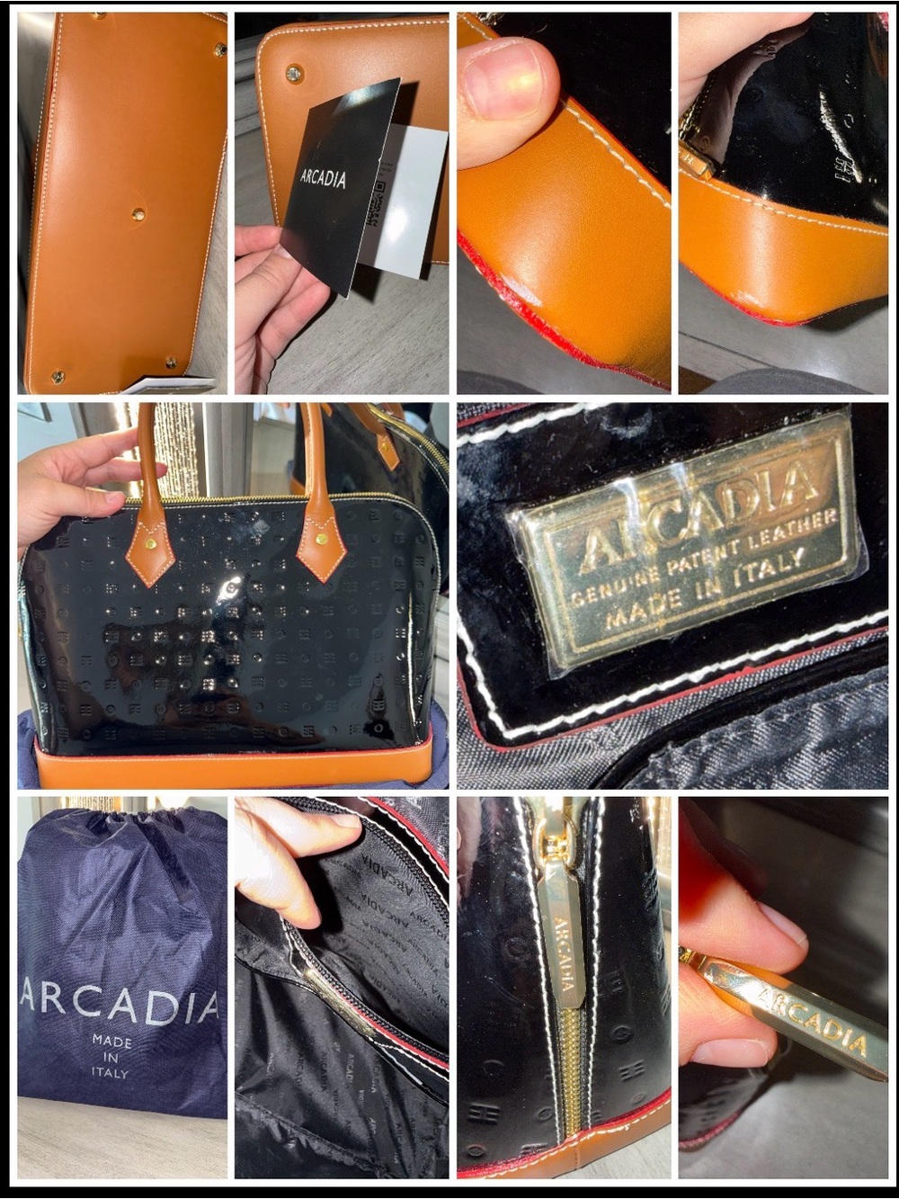 Arcadia Black Patent Leather Satchel with Tan Trim